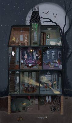 an illustration of a house in the middle of a night with people inside and outside