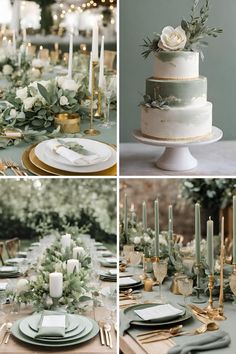 the table is set with green and white plates, silverware, candles and greenery