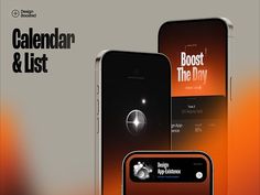 two cell phones with the text calendar and list on them, next to each other