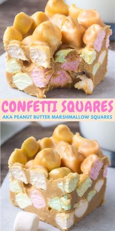 two different pictures of marshmallow squares with the words confetti squares