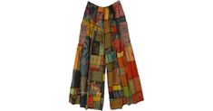 Saffron Streak Patchwork Wide Leg Bohemian Pants in Clothing - Revel in pure hippie bohemian aesthetic in these handmade patchwork wide leg pants! Made with soft and breathable organic cotton, these pants feature an orange overdye color scheme with unique patchwork designs that are sure to turn heads. Features: Split-Skirts-Pants, Patchwork, Striped. Bohemian Cotton Bottoms With Patchwork, Bohemian Wide Leg Bottoms With Patchwork, Summer Orange Patchwork Bottoms, Multicolor Cotton Wide Leg Hippie Pants, Hippie Style Cotton Wide Leg Pants For Festivals, Multicolor Cotton Wide Leg Pants With Pockets, Bohemian Multicolor Wide Leg Pants, Orange Wide Leg Festival Pants, Orange Wide Leg Pants For Festival