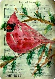 a red bird sitting on top of a tree branch with music sheets in the background