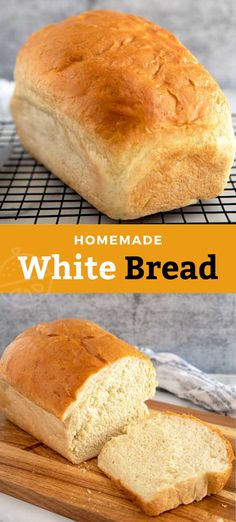 homemade white bread on a cooling rack with text overlay that reads homemade white bread