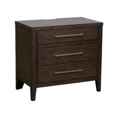 a wooden nightstand with two drawers on one side and an open drawer on the other