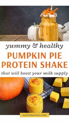 pumpkin pie protein shake with text overlay that reads, yummy & healthy pumpkin pie protein shake