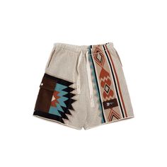 Navajo Knitted Shorts Contrast Color Men Beach Shorts Beige Bohemian Shorts For Vacation, Bohemian Brown Shorts For Vacation, Knitted Shorts, Navajo Pattern, Type Style, Shorts For Men, Mens Swim Trunks, Type Of Pants, Style Retro