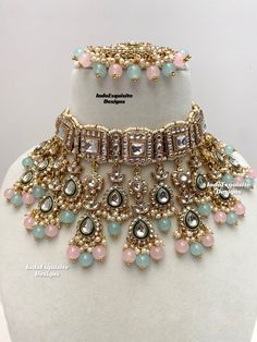 Premium quality elegant Kundan choker comes with Jhumki Earrings and Tikka/ Indian Jewelry/Premium Quality Polki and Kundan Jewelry/sky blue pink/light ferozi pink   All items are shipped from Brampton, Ontario, Canada. If you need your item by a certain day, please reach out to us for express delivery option before placing the order so that we can update the shipping for you. Standard shipping/delivery timeline Below are the delivery timeline estimates. We dispatch all orders by the next busine Pink And Blue Indian Jewellery, Luxury Pink Bollywood Necklace, Luxury Pink Kundan Necklace, Kundan Choker Set, Brampton Ontario, Indian Wedding Jewelry Sets, Pink Choker, Bridal Jewellery Design, Kundan Jewelry