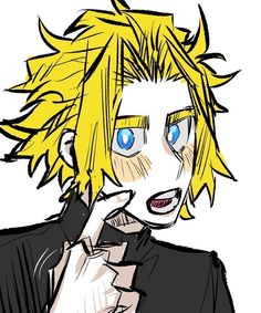 a drawing of an anime character with blonde hair and blue eyes holding a cell phone to his ear