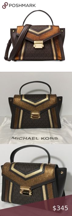 Michael Kors Whitney brown pale gold satchel bag Pride Shoes, Monogram Luggage, Studded Backpack, Michael Kors Satchel, Mk Purse, Black Satchel, Modern Glam, Pale Gold, Purple Leather