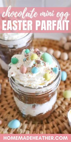 two jars filled with chocolate and marshmallow easter parfait