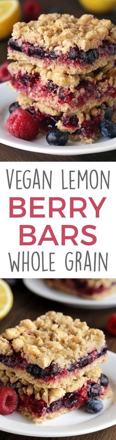 vegan lemon berry bars are stacked on top of each other