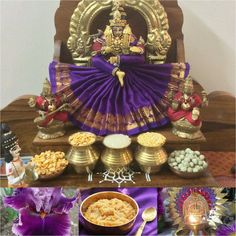 an assortment of food items displayed on a table in front of a statue and other decorations