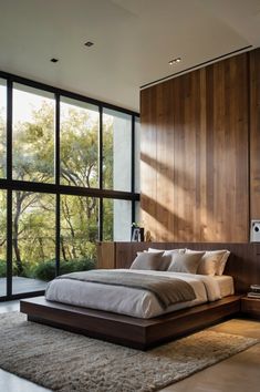 a large bed sitting in the middle of a bedroom next to a tall glass window