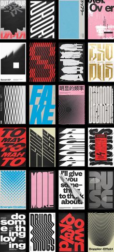 many different types of posters are shown in the same color and font pattern as well as black, white, pink, blue, red