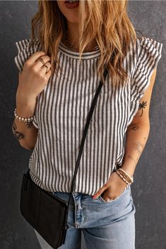 Introducing our Gray Crew Neck Ruffled Stripe Tank - a must-have for your wardrobe. With its stylish stripes and ruffled design, this tank is perfect for any casual or chic look. The crew neck and slim fit make it flattering for any body shape. Pair it with jeans, sneakers, and accessories for a complete and effortless outfit. Get yours now for everyday luxury. Ruffle Outfit, Ruffle Tank Top, Casual Stripes, Butterfly Sleeves, Striped Tank Top, Neck Ruffle, Striped Tank, Summer Top, Stripe Print