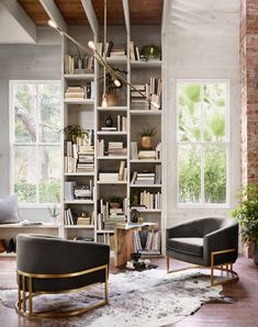 a living room filled with furniture and bookshelves