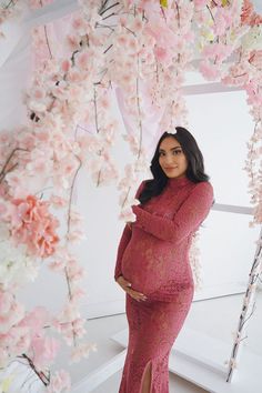 The Toni Gown is a Pink Lace figure hugging Maternity Gown. Maternity Gown. This gown has no lining, a nude body or same shade under garments are recommended. A fabulous choice for Maternity photos. From Chic Bump Club Dot Com Maternity Photoshoot, Maternity Photos, Maternity Pictures, Floral Background