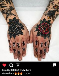 two hands that have tattoos on them and some writing on the palms with symbols around them