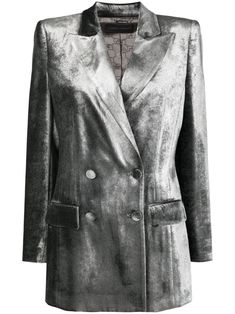 medium grey silk blend velvet effect fabric-covered buttons shoulder pads peak lapels double-breasted button fastening long sleeves buttoned cuffs two front flap pockets straight hem Wardrobe Edit, Yoko London, Gray Silk, Double Breasted Jacket, Velvet Jacket, Alberta Ferretti, Double Breasted Blazer, Exclusive Fashion, Gray Jacket