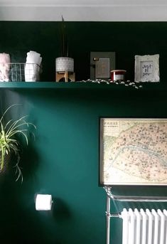 a green wall with some plants on top of it and pictures above the radiator