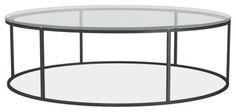 a round glass table with metal frame around the top and bottom, on a white background