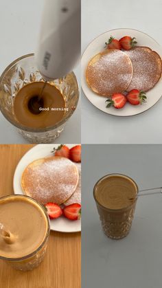 four different shots of food and drink being poured into the glass with strawberries on top