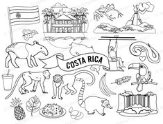 the costa rica coloring page is shown in black and white, with an image of various animals