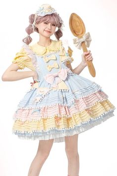 Fabric: Cotton Color: Blue/Pink/Yellow Feature: Multi-Layered, Ruffle, Bowknot Style: Sweet Include: Dress*1 (Any of the accessory is not included.) Size (IN) Bust Waist Length S 33.07-40.94 - 35.43-37.01 M 37.01-44.88 - 36.22-37.80 L 40.94-48.82 - 37.01-38.58 Size (CM) Bust Waist Length S 84-104 - 90-94 M 94-114 - 92-96 L 104-124 - 94-98 Pink Yellow Blue Outfit, Cute Yellow Dress For Garden Party, Playful Pastel Dresses With Ruffles, Cute Multicolor Dress With Ruffle Hem, Kawaii Ruffle Dress For Garden Party, Yellow Sweet Dress With Ruffles, Cute Multicolor Ruffled Dress, Cute Pastel Ruffled Dresses, Yellow Spring Dress With Bow