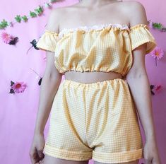 Gingham Two Piece, Yellow Gingham, Ulzzang Fashion, How To Make Shorts, Lace Fashion, Shoulder Crop Top, Kawaii Fashion, Sleepwear Women, Pajamas Women