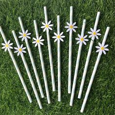 six white straws with daisies on them laying in the grass