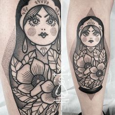 two tattoos on the legs of people, one with an image of a woman and flowers