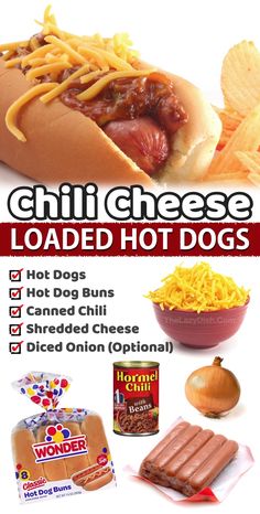 an advertisement for chili cheese loaded hot dogs