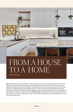 the front page of an article about a kitchen with white cabinets and wood floors,