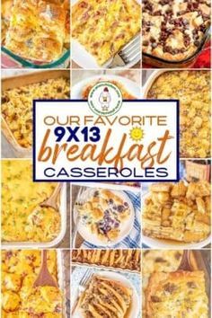 the cover of our favorite breakfast casseroles is shown in this collage with images