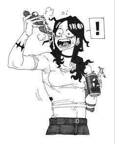 a black and white drawing of a girl holding a cell phone in one hand and a cup in the other