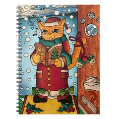 a painting of a cat wearing a santa hat and holding an open book while standing in front of a door