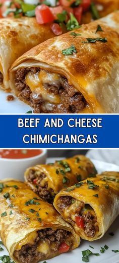 beef and cheese chimichangas on a white plate