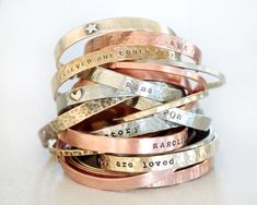 "Personalized Bracelet / Graduation Gift / Customized Cuffs / Gift for Her / Custom / Personalized Jewelry / for Her / Sentimental Gift ---------------------- Design-Your-Own CUSTOM CUFFS! This listing is for those of you who want to custom design your own cuffs - adding your own text, embellishments, picking the font, texture and finish! But please read *WHAT WE NEED FROM YOU* below and refer to PIC 5 before placing your order. ★WHAT YOU GET★ ------------------------------------ This listing co Personalized Cuff Bracelets, Personalized Bracelet, Personalized Graduation Gifts, Bohemian Bracelets, Birthday Jewelry Gift, Personalized Bracelets, Personalized Birthday Gifts, Jewelry For Her, Sentimental Gifts