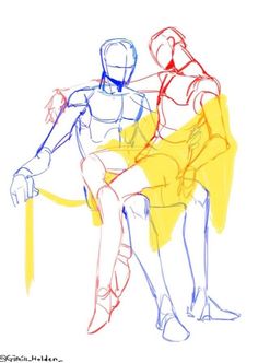 a drawing of two people sitting next to each other on a white background with red, blue and yellow lines