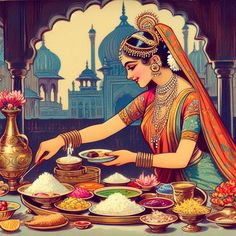 a painting of a woman preparing food on a table in front of an ornate building