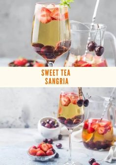 Sweet tea sangria pitcher and whine glass with strawberries and cherries on a gray background showcasing the berries. Sweet Tea Sangria, Tea Sangria, Sangria Pitcher, Sangria Ingredients, Sangria Cocktail, Creative Dessert Recipes, White Sangria, Sorbet Recipes, Fourth Of July Food