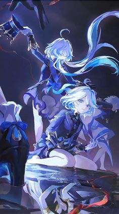 an anime character with long white hair and blue eyes sitting on the ground next to another character