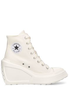 Canvas upper. Front lace-up closure. Side logo patch. OrthoLite™ cushioning. Lugged rubber sole Versace Brand, Ski Accessories, Chuck 70, Wedge Sneakers, Sports Accessories, Sneaker Wedge, Flat Espadrilles, Swim Accessories, Heeled Loafers