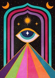 Portal Psychic Art Illustrations, Poster Design Procreate, Pride Make Up, Celestial Mural, Procreate Poster, Hippie Illustration, The Moon Illustration, Energy Illustration, Illustration Stars