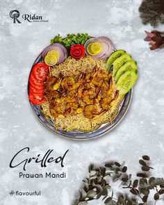 an advertisement for grilled prawn mandi with various vegetables and meats