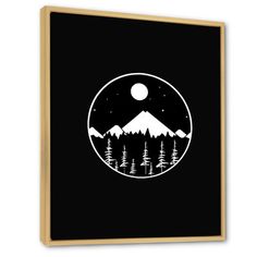 a black and white mountain landscape with trees under the moon framed canvas wall art print