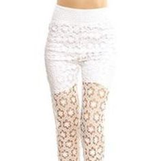 Crochet Lace Pants. Runs Small- Featuring Wide Elastic Waist Band, Partially Lined. 100%Polyester S/M And M/L Body Length:37inseam:30 Casual Lace Pants With Lace Trim, Summer Lace Pants With Lace Trim, Fitted White Lace Pants, Summer Bottoms With Lace Trim And Non-stretch Fit, High Waist Pants With Lace Trim For Summer, Fitted White Pants With Lace Trim, White Lace Pants With Lace Trim, Casual Lace Pants For Summer, Casual Lace Fitted Bottoms