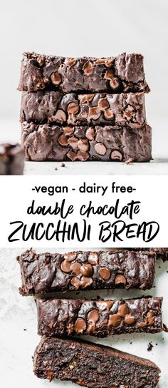 chocolate zucchini bread is stacked on top of each other with the words vegan dairy