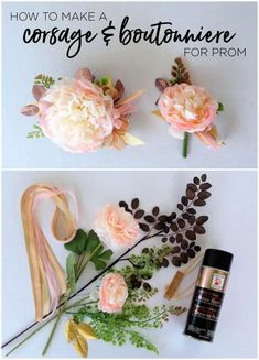 flowers and ribbons are arranged on top of each other with the words how to make a corsage & boutonniere for prom