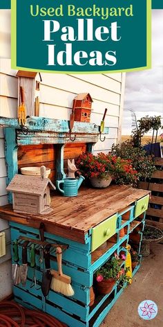 an outdoor kitchen made out of pallets and old crates with gardening tools on top